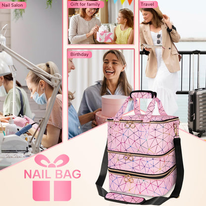 MZTXY Nail Polish Organizer Bag Holds 84 Bottles & Nail Lamp, 3 Layers Nail Kit Storage Carrying Case Pu Leather, Large Nail Supplies Organizer With Shoulder Strap, Portable Travel Nail Bag,Pink
