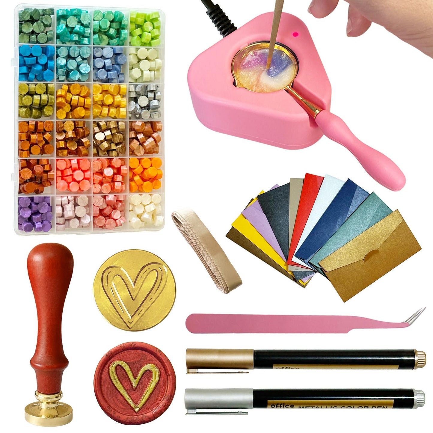 Electric Wax Seal Warmer Kit - Complete Set with Heart Stamp, 600 Wax Beads, 10 Envelopes & 2 Pens - Perfect for Wedding Invitations & DIY Letters (001Pink)