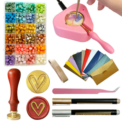 Electric Wax Seal Warmer Kit - Complete Set with Heart Stamp, 600 Wax Beads, 10 Envelopes & 2 Pens - Perfect for Wedding Invitations & DIY Letters (001Pink)