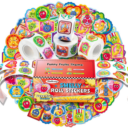 HORIECHALY Scratch and Sniff Reward Stickers for Kids, 4 Rolls 1200 PCS 4 Scent Smelly Stickers Fruit Theme, Positive Reward for Classroom, Teacher, Students