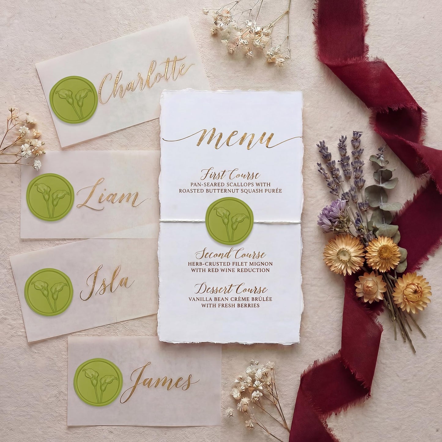 UNIQOOO Wax Seal Stickers - 3D Calla Lily Floral Wedding Invitation Envelope Seal Stickers, 50 Pcs Self- Adhesive Chartreuse Green Flower Wax Seals, Perfect for Bridal Shower, Gift Wrapping