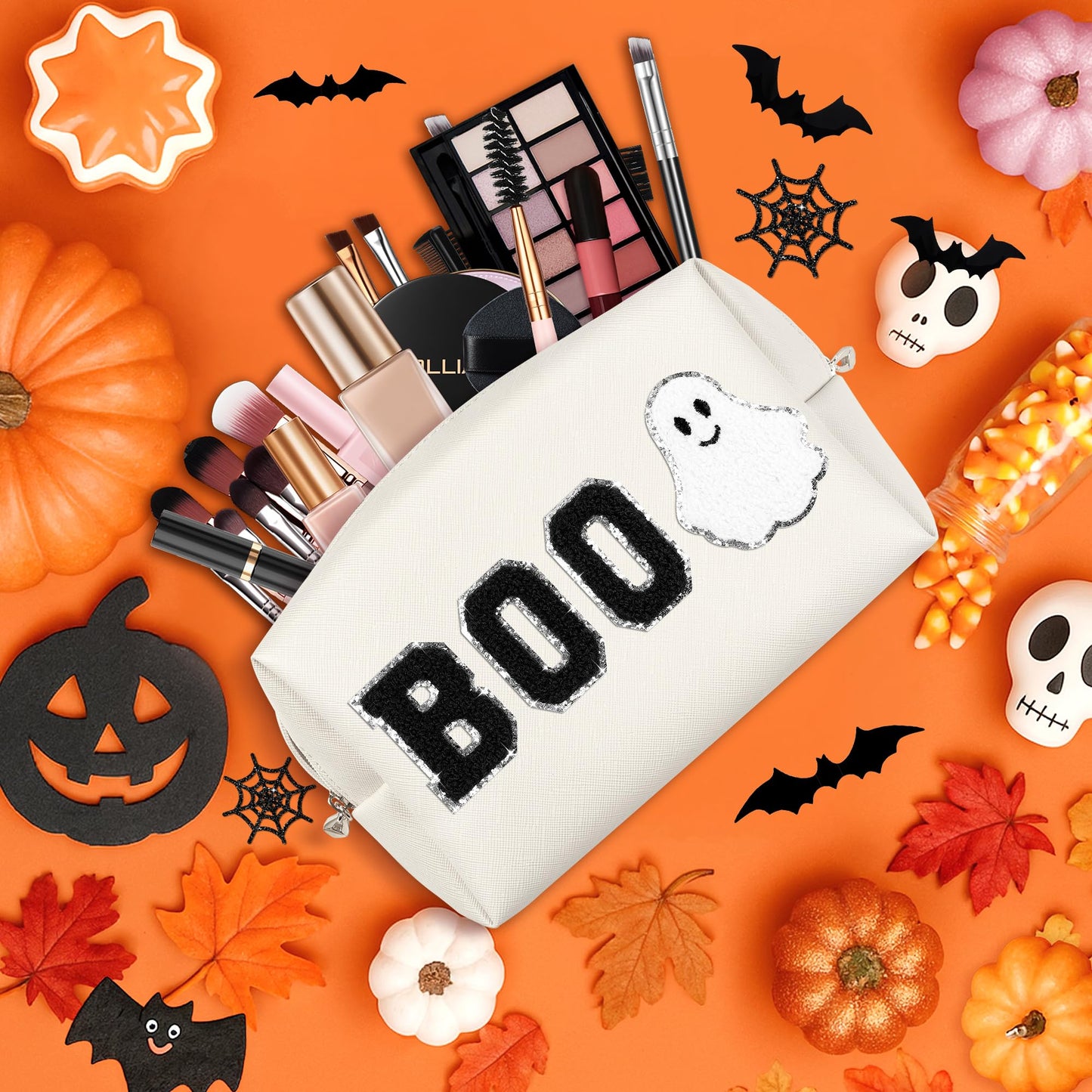Dripkiaa Halloween Makeup Bag Chenille Patch Travel Cosmetic Bag Organizer Large Capacity Toiletry Bag Make Up Bags Cosmetic Pouch, Boo Basket Gifts for Women, Girls - White
