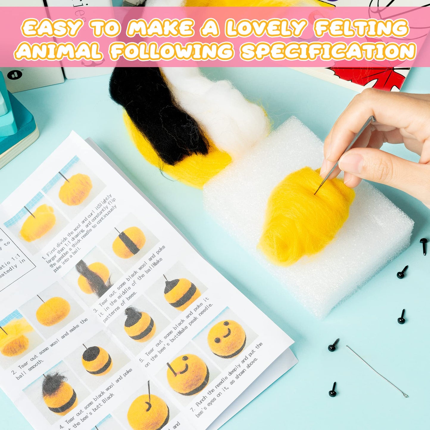 WATINC Set of 4 Cute Animal Needle Felting Starter Kit Frog Chick Bee Narwhal Animal Doll Wool Felting Tools Felt Needles Foam Mat DIY Needlework Craft Party Supplies for Beginners Adults