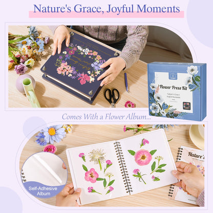 Joy&Grace Flower Press Kit for Adults, with Designed Cover and DIY Album, 10.9" x 10.9" 10 Layers Flower Preservation Kit, Plant Press and Large Plant Drying Toolkit (Color Box, Purple Navy)