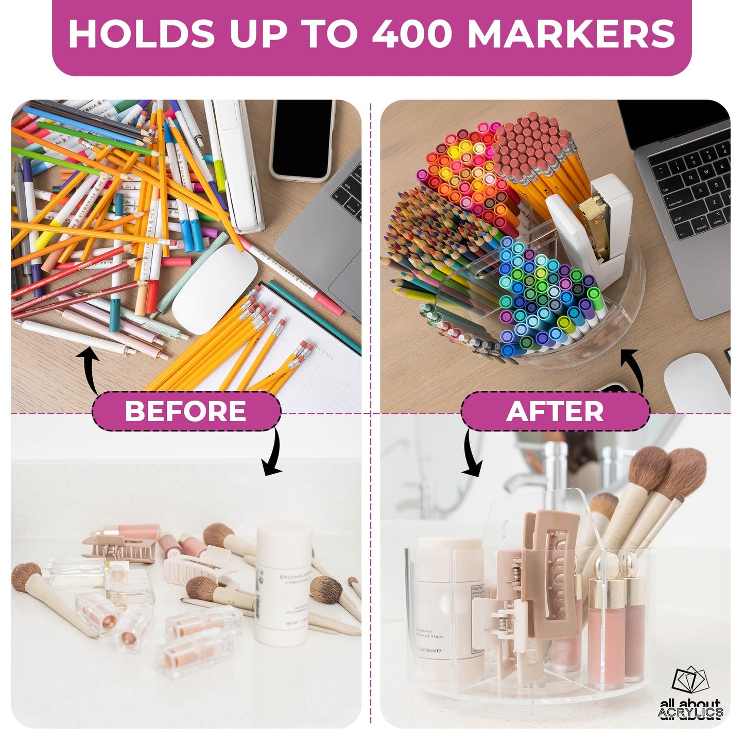 Acrylic Marker Organizer - Multipurpose 360 Rotating Holder for Pencil, Pen, Makeup Brushes, Crayon, Arts and Crafts Supplies - Clear Spinning Lazy Susan Non-Slip Organizing Caddy with Photo Slots
