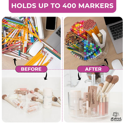 Acrylic Marker Organizer - Multipurpose 360 Rotating Holder for Pencil, Pen, Makeup Brushes, Crayon, Arts and Crafts Supplies - Clear Spinning Lazy Susan Non-Slip Organizing Caddy with Photo Slots