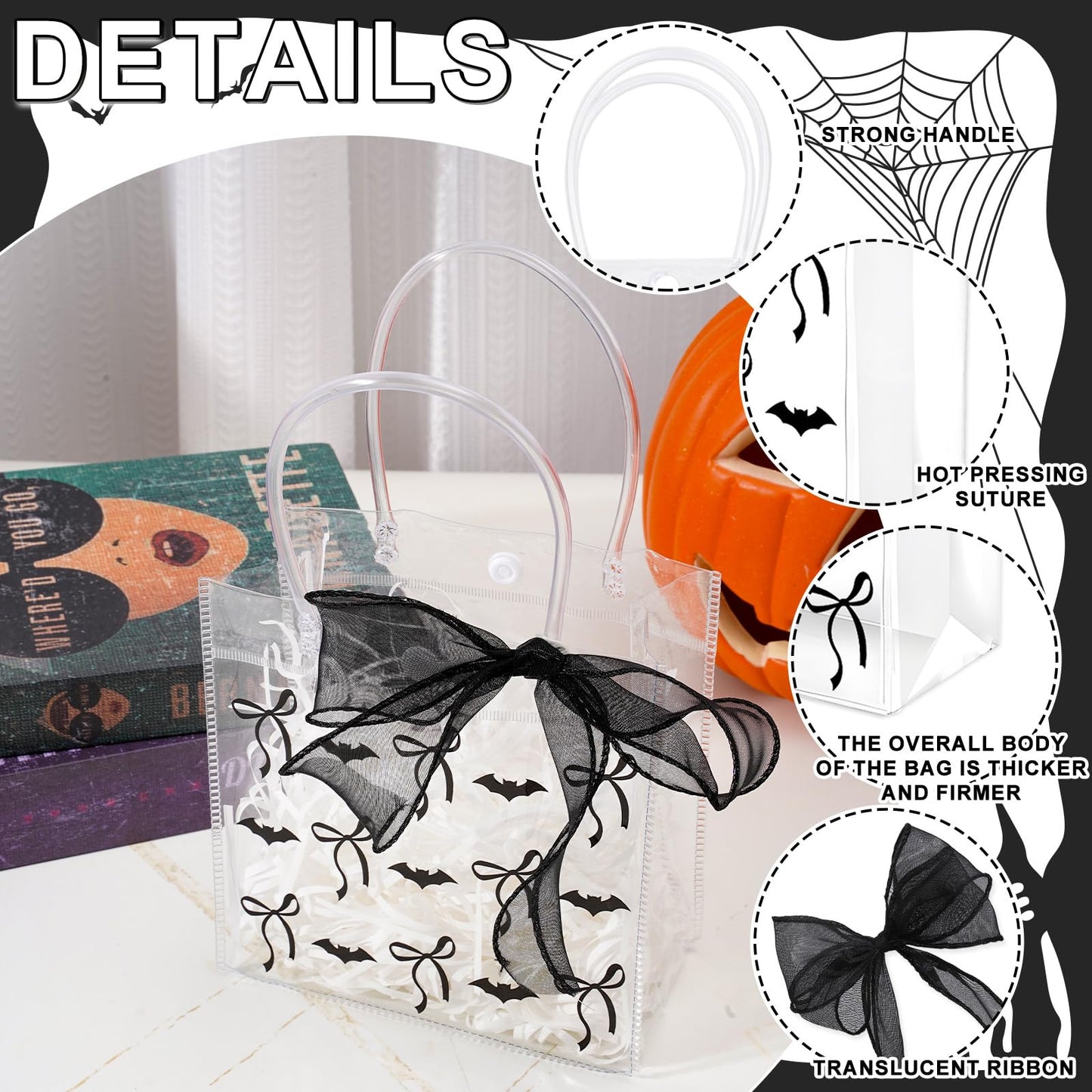Whaline 12 Pcs Halloween Clear PVC Gift Bags with Handles Ribbon Black Bats Bow Coquette Party Favor Bags Trick or Treat Tote Candy Bag for Holiday Birthday Baby Shower Halloween Party Supplies