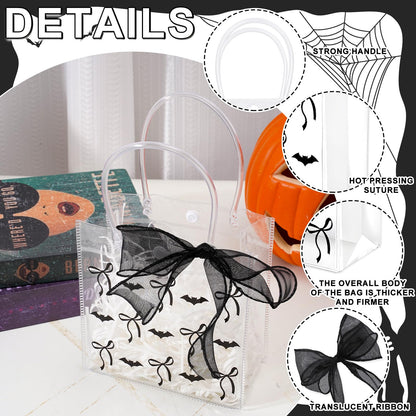 Whaline 12 Pcs Halloween Clear PVC Gift Bags with Handles Ribbon Black Bats Bow Coquette Party Favor Bags Trick or Treat Tote Candy Bag for Holiday Birthday Baby Shower Halloween Party Supplies