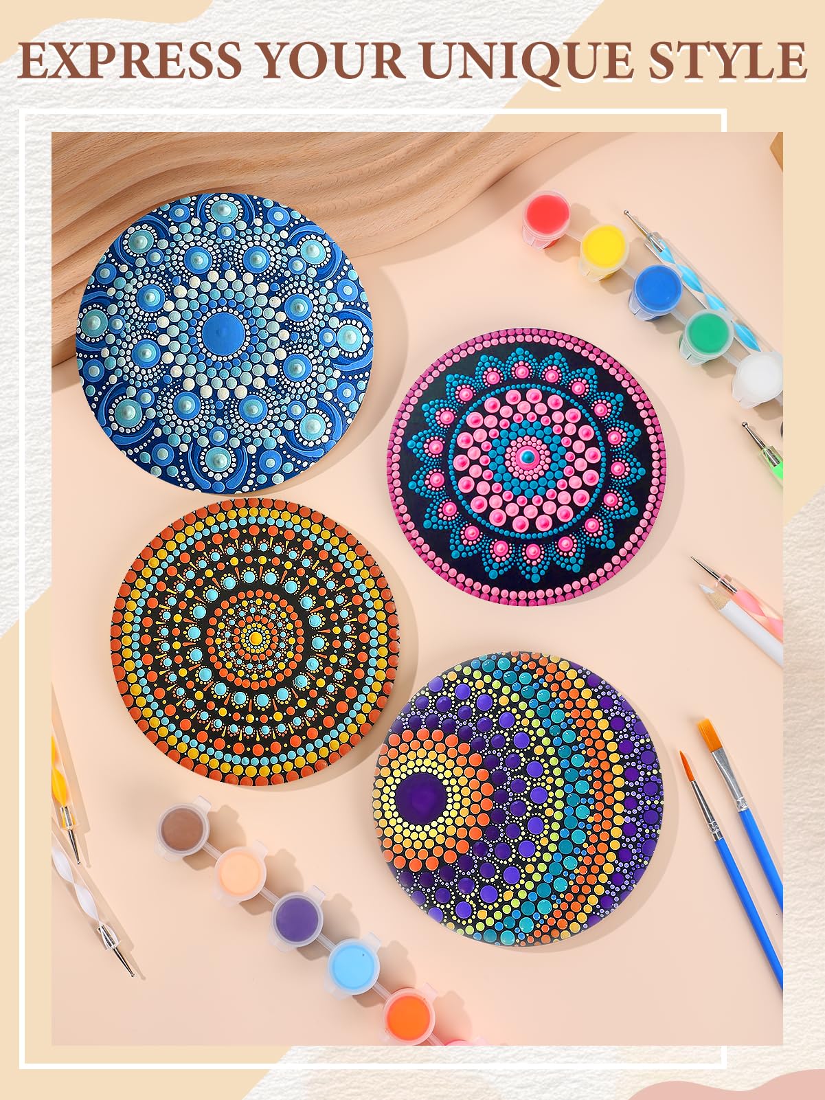Beeplove Relaxing Crafts for Adults - Gifts for Women Mom Daughter Sister Friend Co-Worker, Beginner Friendly Mandala Rock Painting Kit with Stencils Dotting Tools