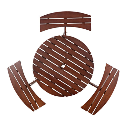 Royard Oaktree 6 Person Wooden Picnic Table, Outdoor Round Picnic Table with 3 Built-in Benches and Umbrella Hole, Outside Table and Bench Set for Backyard, Garden, Porch, Patio, Brown