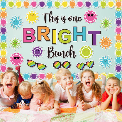 78 Pcs Summer Sun Bulletin Board Decoration Set This is One Bright Bunch Cut-Outs Tropical Sun Sunshine Sunglasses Paper Cutouts with 150 Pcs Glue Points for Hawaiian Party Classroom