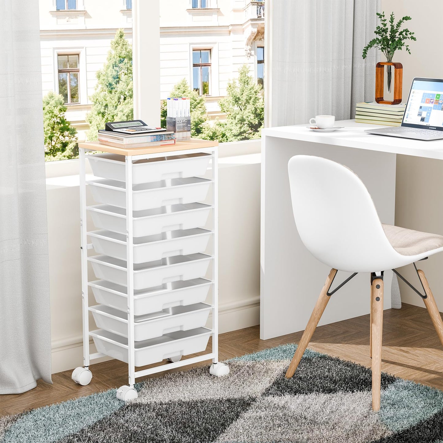 Ekisemio Rolling Cart with 8 Drawers, Storage Drawers Cart with Wooden Tabletop and Lockable Wheels, Utility Cart for Living Room, Office, Classroom, Craft Room, White