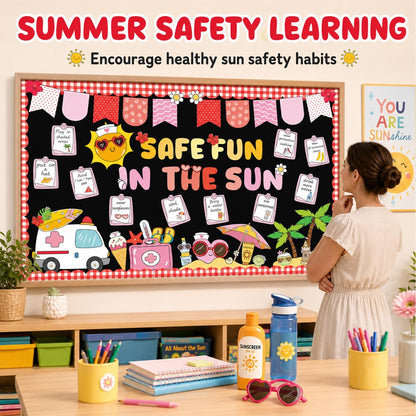 Safe Fun in the Sun Bulletin Board Set Summer Sun Classroom Decorations Tropical Hawaiian Classroom Sunshine Safety Paper Cutouts for Summer Back to School Teachers Chalkboard Wall Door Decor