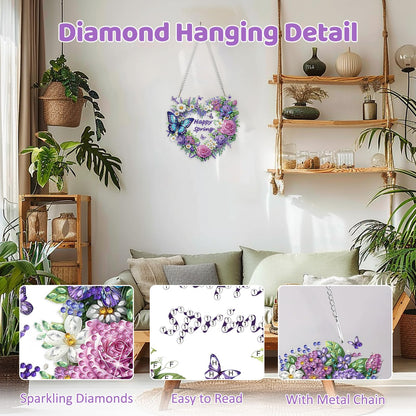 MEIYUDA Flower Wreath Diamond Art Hanging Kits for Adult, Happy Spring Diamond Painting Hanging Kits Ornaments, DIY Special Shaped Rhinestone Window Pendants Kit for Home Garden Wall Decor