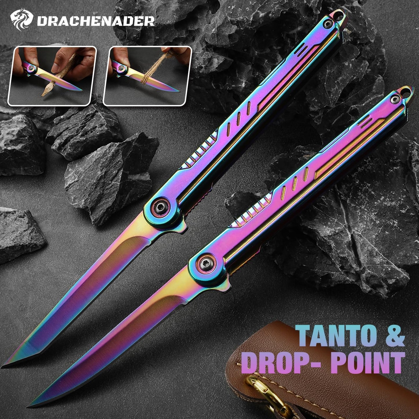DRACHENADER Tanto Folding Knife for Women and Men, Rainbow Pocket Knife Color Slim Gentleman's Tanto Balde Small EDC Knife for Keychain
