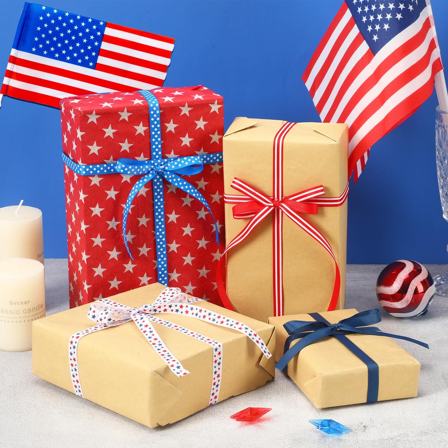 DECYOOL Patriotic Ribbon, 6 Rolls 60 Yards 4th of July Ribbons 10 mm Wide Red White Blue Grosgrain Ribbon Patriotic Stars Stripes Fabric Ribbon for Gift Wrapping DIY Crafts