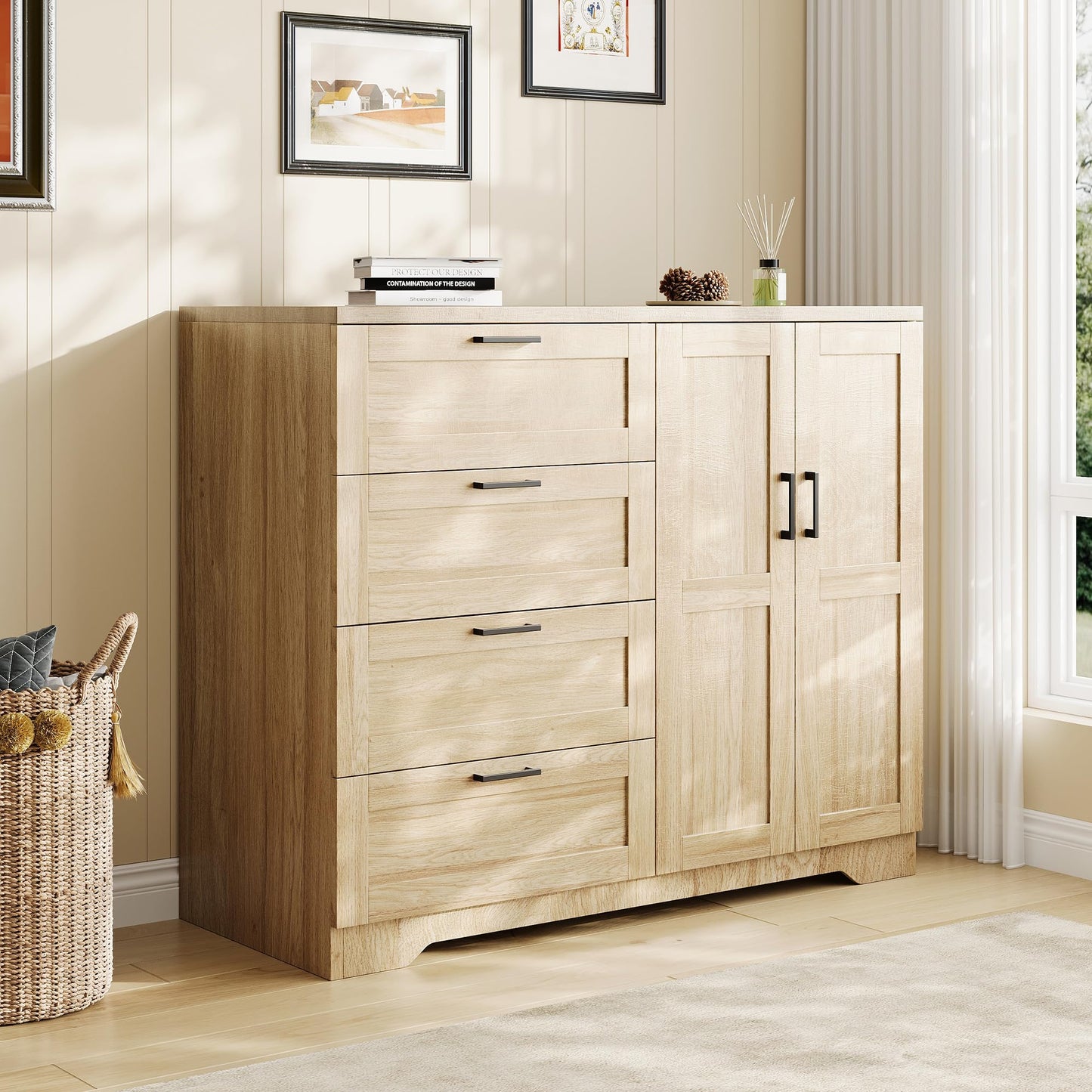 IDEALHOUSE 43.3'' H Armoire Wardrobe Closet with 4 Drawers and 2 Doors, Hanging Rod, Multifunctional Wooden Dresser with Storage Closet, Bathroom Cabinet for Bedroom, Natural Oak