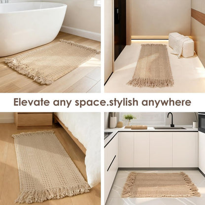 CozeForm Waffle Bath Mat, Super Absorbent Waffle Bathroom Rug with Tassels, Non Slip Bath Mats for Bathroom Floor, Ultra Soft Boho Bath Mat, Quick Dry Shower Mat, Machine Washable, 18"×30", Khaki