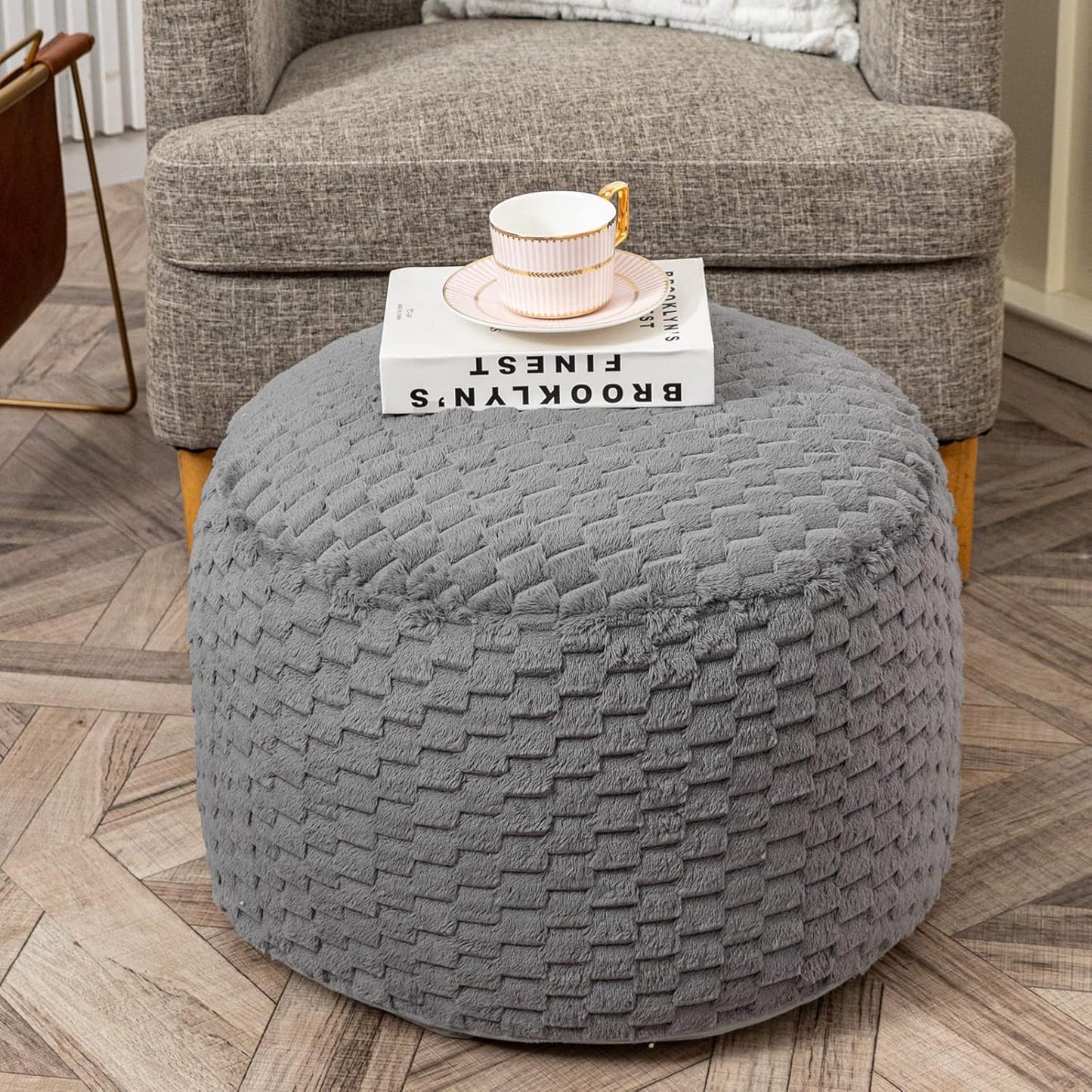 20x20x12 Inches Fur Ottoman Stool Unstuffed Footstool Cover Pouf Foot Rest Round Poof Seat Floor Bean Bag Chair