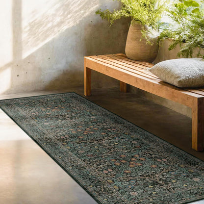Regine Switzerland Dark Green 2x5 Non-Slip Runner Rug - Washable Floral Boho Design for Entryway