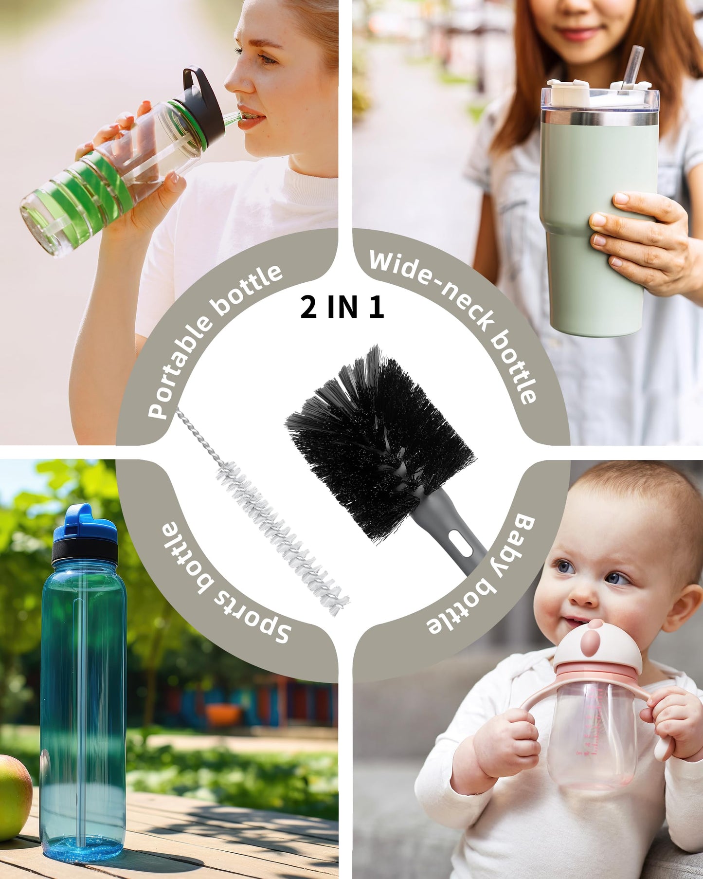ROSEOK 2 in 1 Long Handle Bottle Brush with Straw Brush for Cleaning Glass, Sports Bottle, Coffee Mug, Black, 1 Pack