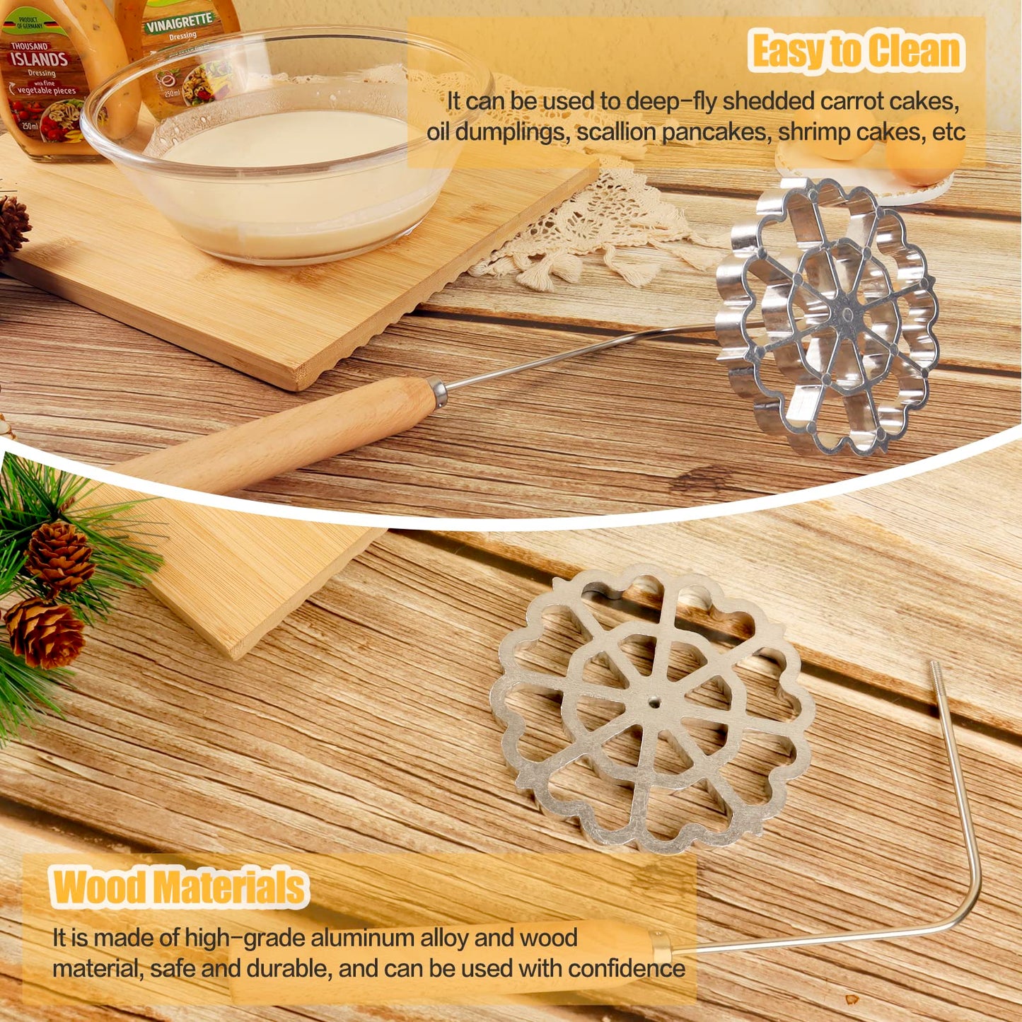Bunuelos Mold Rosette Iron Molds Set with Wooden Handle, Lotus Flower Bunuelos Cookie Maker Mold, Funnel Cake Maker Cooking Stamp Maker Kit - 4.7 Inches