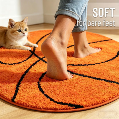 Fancytan Round Basketball Rug for Boys Bedroom, Washable Sports Round Rug for Kids Room, Basketball Room Decor, Orange (‌2'8", Round)