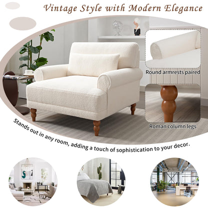 Merax Accent Chair with Circular Armrests, Upholstered Armchair Single Sofa with Vintage Roman Column Legs for Living Room, Bedroom, Study, Ergonomic Lumbar, Boucle, Beige