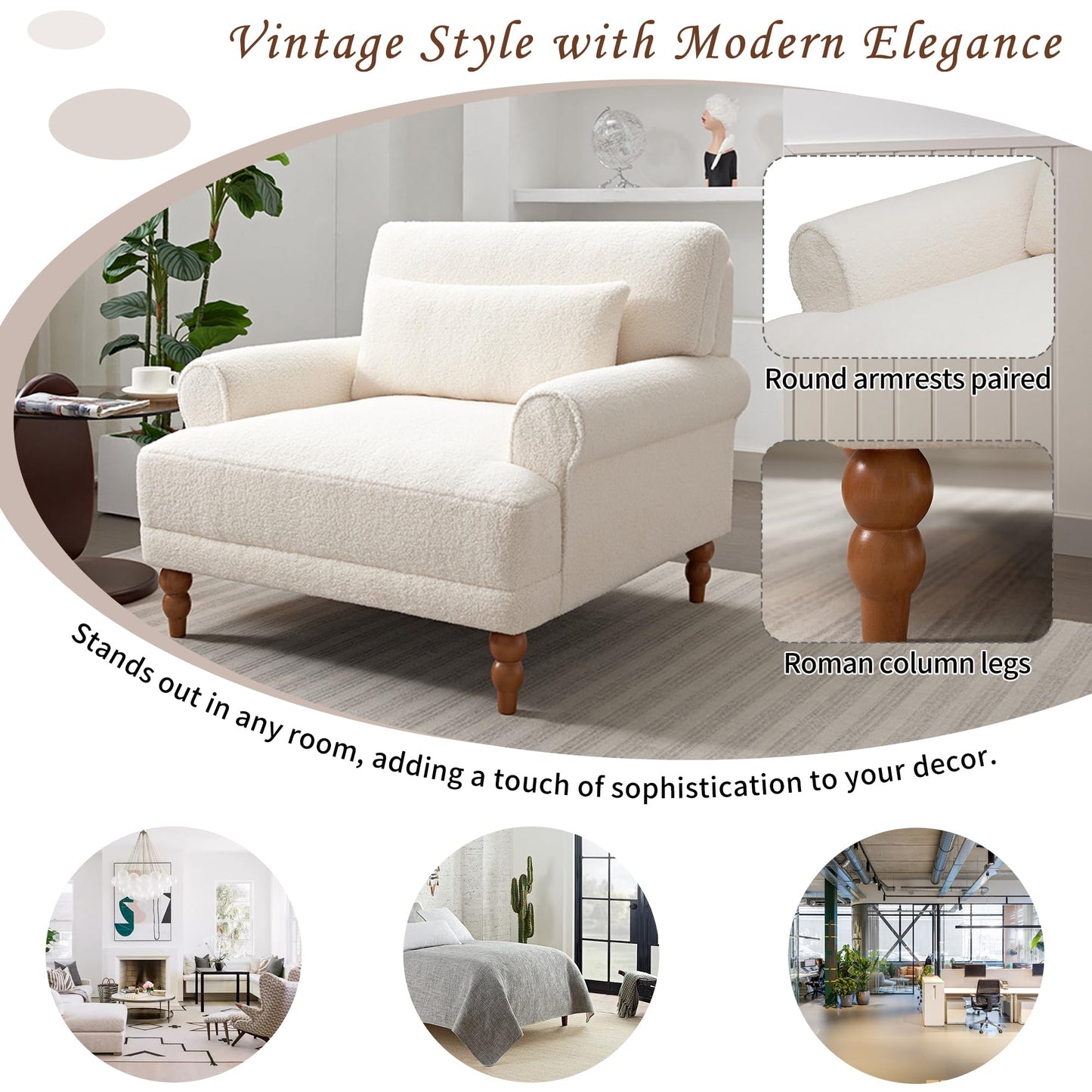 Christopher Knight Home Accent Chair, Boucle Club Chair, Upholstered Lounge Chair, Large Size Armchair Roman Column Legs, Cozy Reading Single Sofa Chair for Living Room, Bedroom, Home Study, White