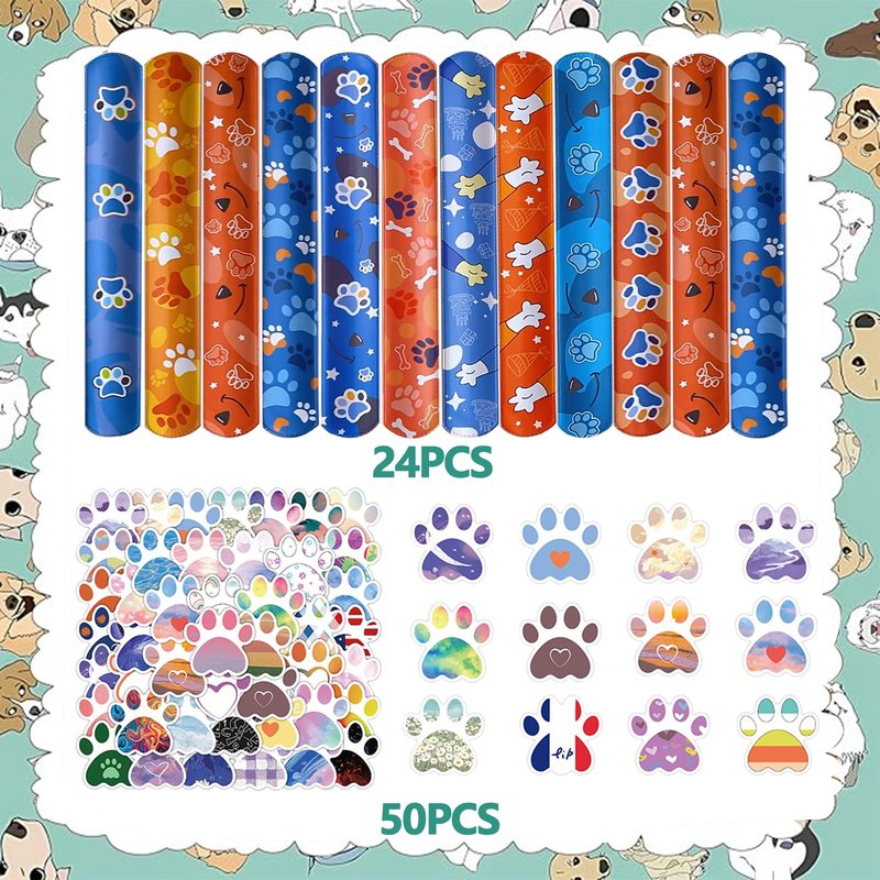 QZYCMHOO 74PCS Dog Paw Favor 50PCS Dog Paw Party Stickers&24PCS Slap Bracelets Paw Birthday Supplies Team Gift Filler