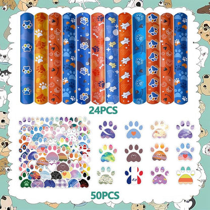 QZYCMHOO 74PCS Dog Paw Favor 50PCS Dog Paw Party Stickers&24PCS Slap Bracelets Paw Birthday Supplies Team Gift Filler