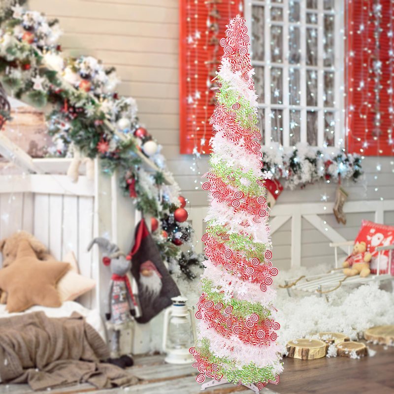 5FT Artificial Pencil Christmas Tree, Red Green White Pop Up Small Christmas Tinsel Tree, for Home Holiday Porch Fireplace Xmas Indoor Party Decoration.