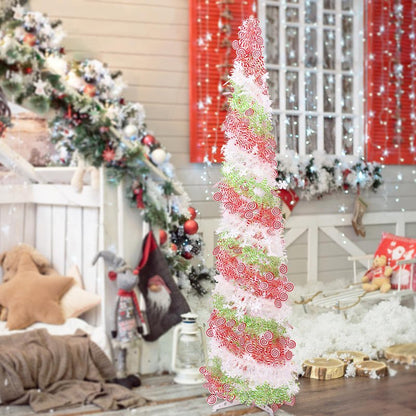 5FT Artificial Pencil Christmas Tree, Red Green White Pop Up Small Christmas Tinsel Tree, for Home Holiday Porch Fireplace Xmas Indoor Party Decoration.