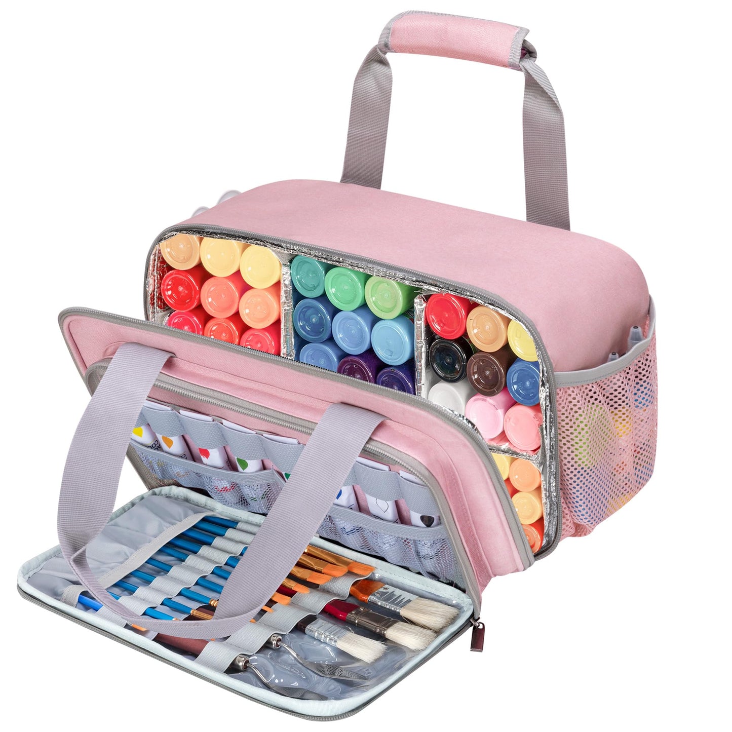 Acrylic Paint Organizer Bag for up to 54 Bottles (2 oz), Art Supply Storage Case with Handle Strap, Extra Pocket for Paint Brushes, etc, Aluminum Foil Liner for Easy Cleaning, Patented Design (Pink)