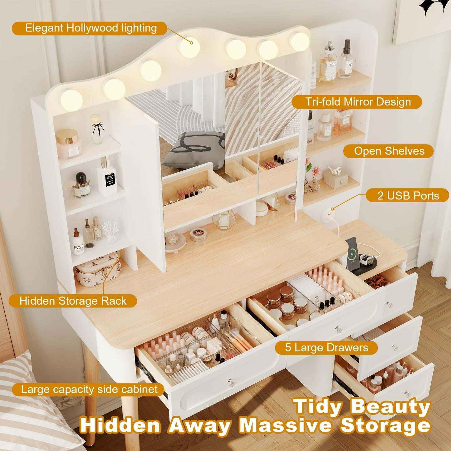 Acosure Makeup Vanity with Mirror & Power Outlet,3 Dimmable Colors Light Small Makeup Vanity Table Set with 5 Drawers & Hidden Storage Shelves Dressing Table for Women Girls Bedroom,White