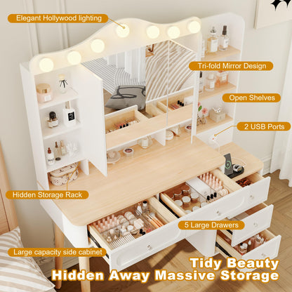 Acosure Makeup Vanity with Mirror & Power Outlet,3 Dimmable Colors Light Small Makeup Vanity Table Set with 5 Drawers & Hidden Storage Shelves Dressing Table for Women Girls Bedroom,White