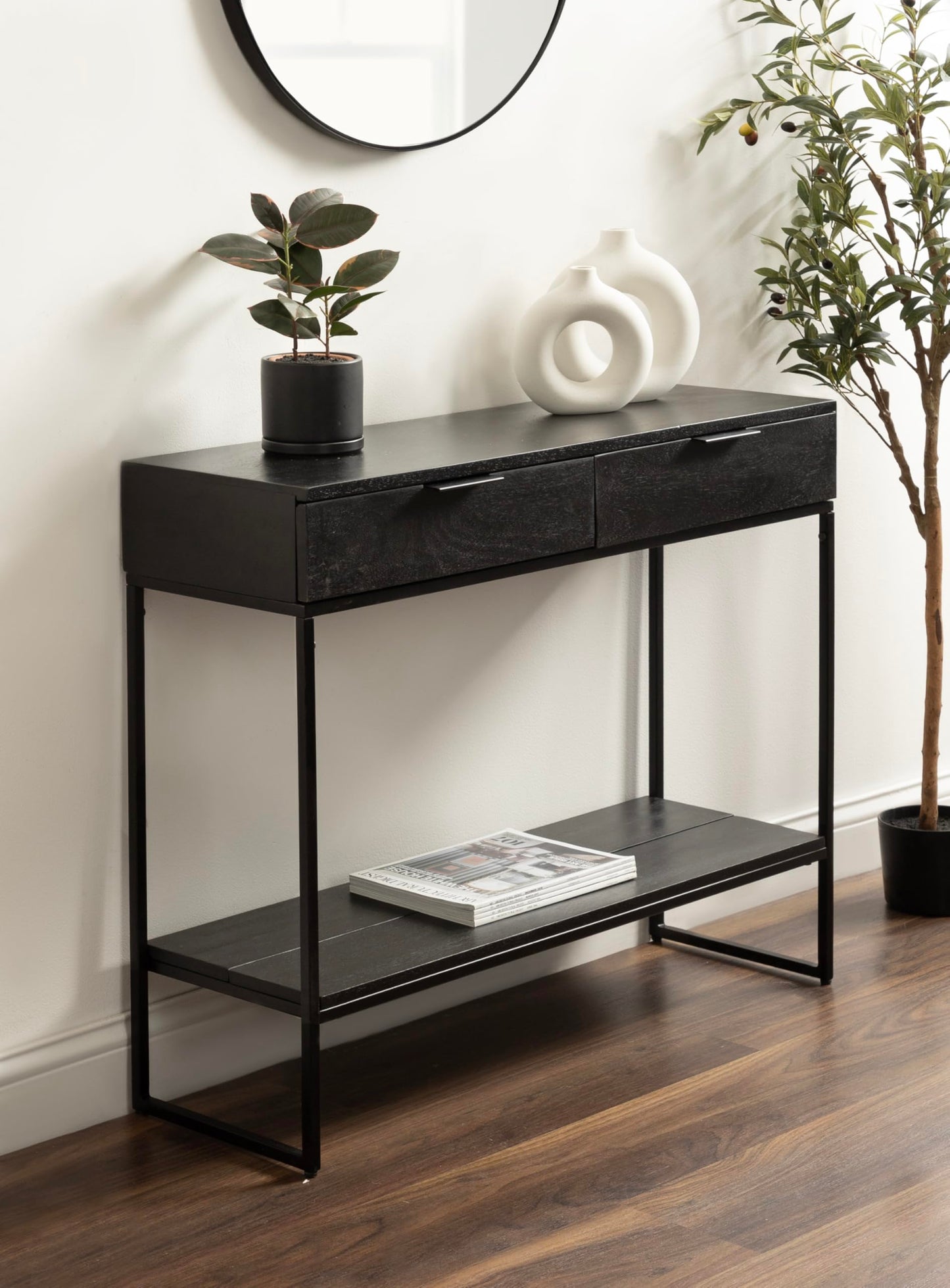 Kate and Laurel Malone Modern Wooden Console Table with Wood Shelf; 36 x 13 x 31; Black; Transitional Wood Entryway Table with Shelf and Drawers for Entry Storage Options