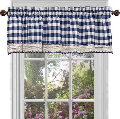 Buffalo Check Valance Window Curtains - 58 Inch Width, 14 Inch Length - Navy Blue & Ivory White Plaid - Light Filtering