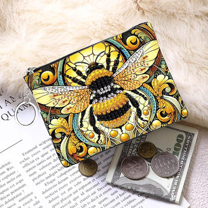 JZHYOAN Diamond Painting Small Coin Purse for Women DIY Coin Pouch Coin Purse with Zipper and Keyring Diamond Art Purses and Wallets Handbags Wallet Keychain for Cards Keys Bee