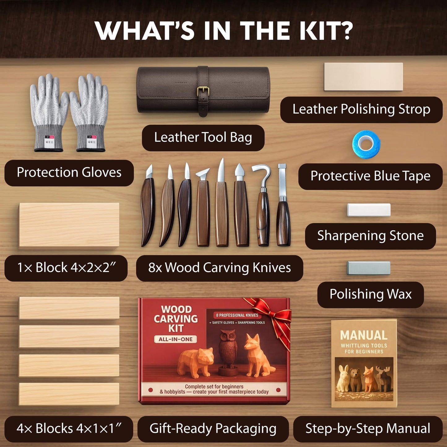 Complete Wood Carving Kit for Beginners - Gift Ready Wood Carving Tools Set | Whittling Kit with 8 Wood Carving Knives, Spoon Carving Tools, Wood Blocks, Gloves, Roll Bag and Sharpening Strop