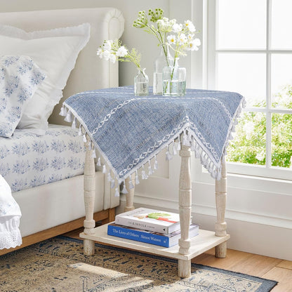 24''x24'', Country Summer Dusty Blue and White Small Tablecloth Spring Boho Square Nightstand Cover, Rusitc Farmhouse