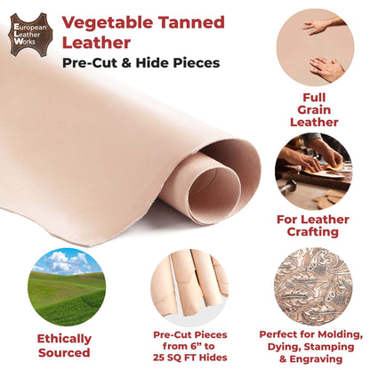 European Leather Works 7-8 oz (2.8-3.2mm) Thickness Weight Pre-Cut 20-25 SQ FT Side Vegetable Tanned Leather Cowhide Grade AB Full Grain Leather for Tooling, Carving, Engraving, Molding