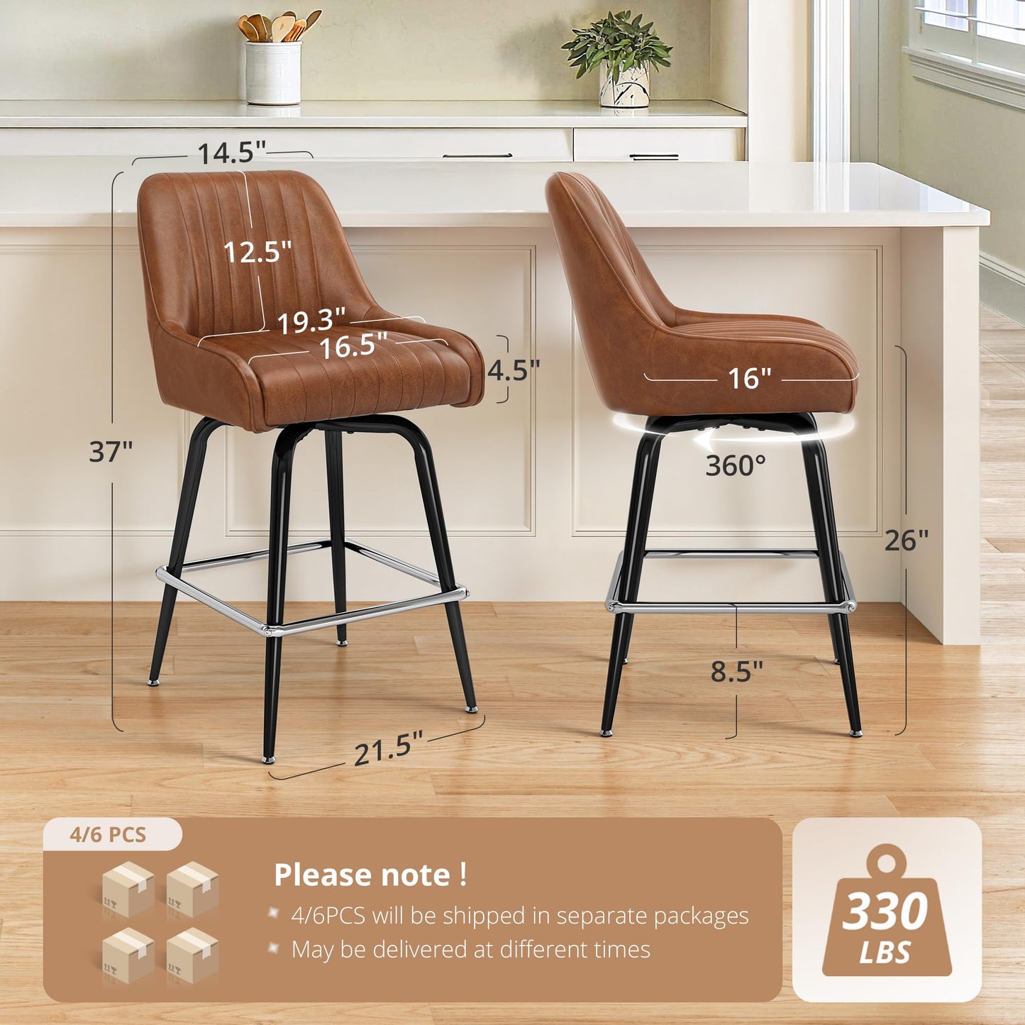 LUE BONA Counter Height Bar Stools Set of 3, 26" H Modern Barstools with Backs, Metal Frames and Brown Faux Leather Upholstered Accent Bar Stools for Kitchen Island