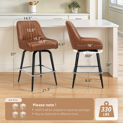 LUE BONA Counter Height Bar Stools Set of 3, 26" H Modern Barstools with Backs, Metal Frames and Brown Faux Leather Upholstered Accent Bar Stools for Kitchen Island