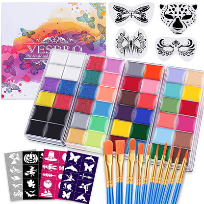 VESPRO Face Painting Kit For Adult Party,42 Colors Professional Oil Face&Body Paint Kit with 10PCS Brushes 4PCS Reusable Face Stencils and 4PCS Paint Stencils for Adults Halloween Makeup