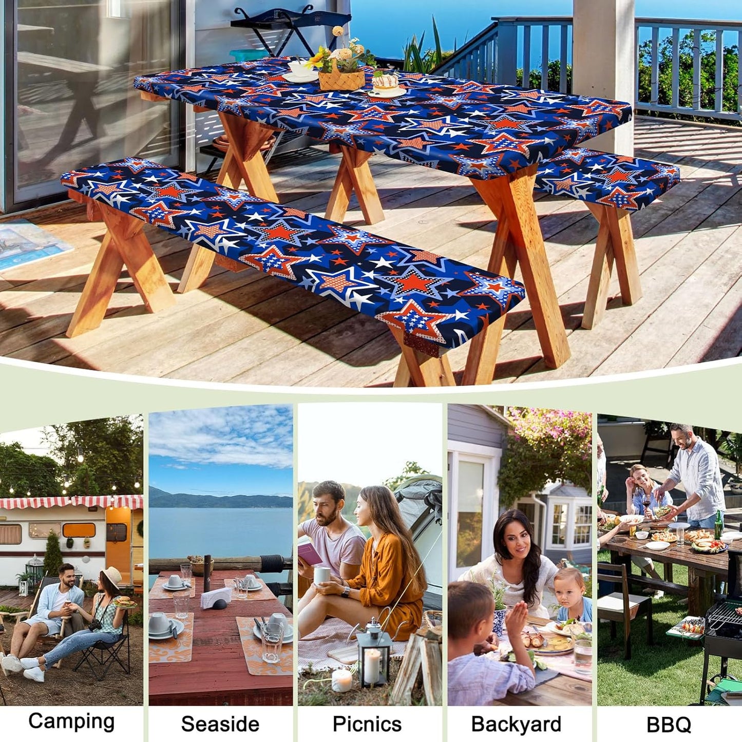HobbLab Rv,72in,Blue Picnic Table Cover with Bench Covers Portable Table Cloth Built-in Storage Pocket Fitted