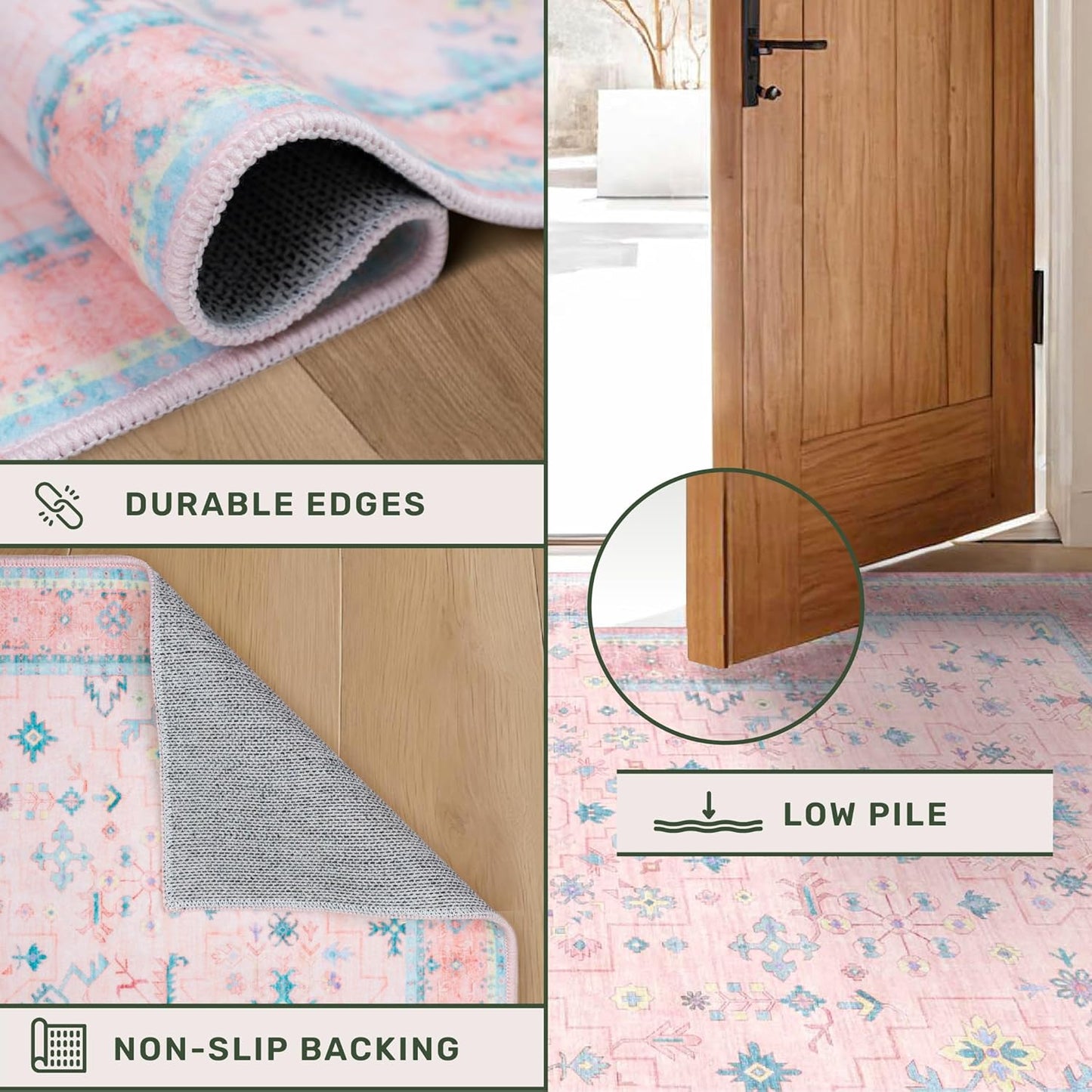 Oushak Floral Vintage Pink Area Rug - 5x7 Washable Low Pile Carpet for Kids' Playroom & Nursery