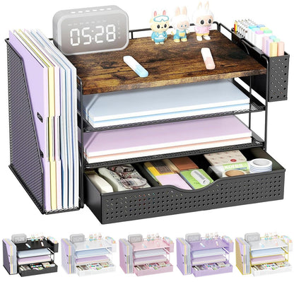 gianotter Wood Desk Organizers and Accessories with File Holder, 4-Tier Desk Accessories & Workspace Organizers with Drawer and Pen Holder, Desk Reference Organizer (Wood, 4T with Drawer)