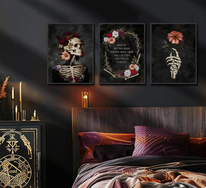 YCXDMJ 3Pcs Gothic Floral Skull Canvas Wall Art Unframed