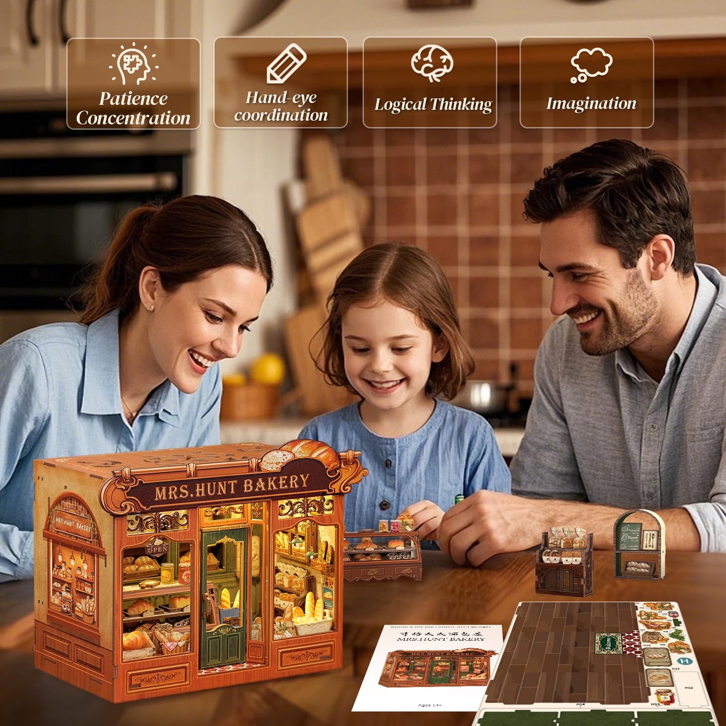 Cutefun Book Nook Kit - DIY Miniature Bread Shop Booknook Kits for Adults and Teens, 3D Wooden Puzzle Bookend Bookshelf with LED Light, Creative Crafts Gifts for Book Lovers (Mrs.Hunt Bakery)
